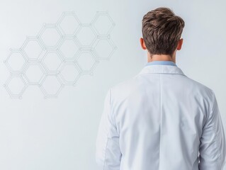 Chemical engineer in a lab coat analyzing a digital interface with molecular structures