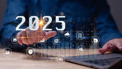 Dynamic representation of future, hand reaching out to engage with digital elements symbolizing...