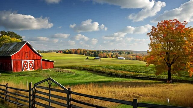 a rural scene with a striking red barn and wooden fence in the foreground of the footage