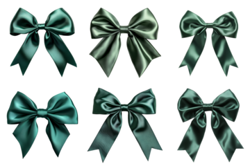 Set of green ribbon bows on a transparent background