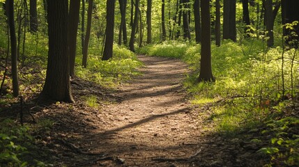 Obraz premium Peaceful forest trail with sunlight filtering through the trees, creating dappled shadows on the ground, inviting a walk in nature