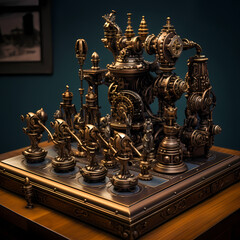 Steampunk-inspired chess set with animated pieces.