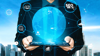 SEO - Search Engine Optimization for Online Marketing Concept. Modern interface showing symbol of...