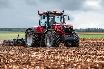 Fototapeta premium Red Tractor Plowing Field in Morning Light