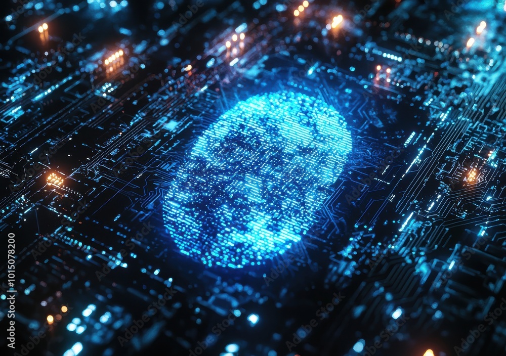 Poster digital representation of a glowing fingerprint in a virtual circuit board environment symbolizing c
