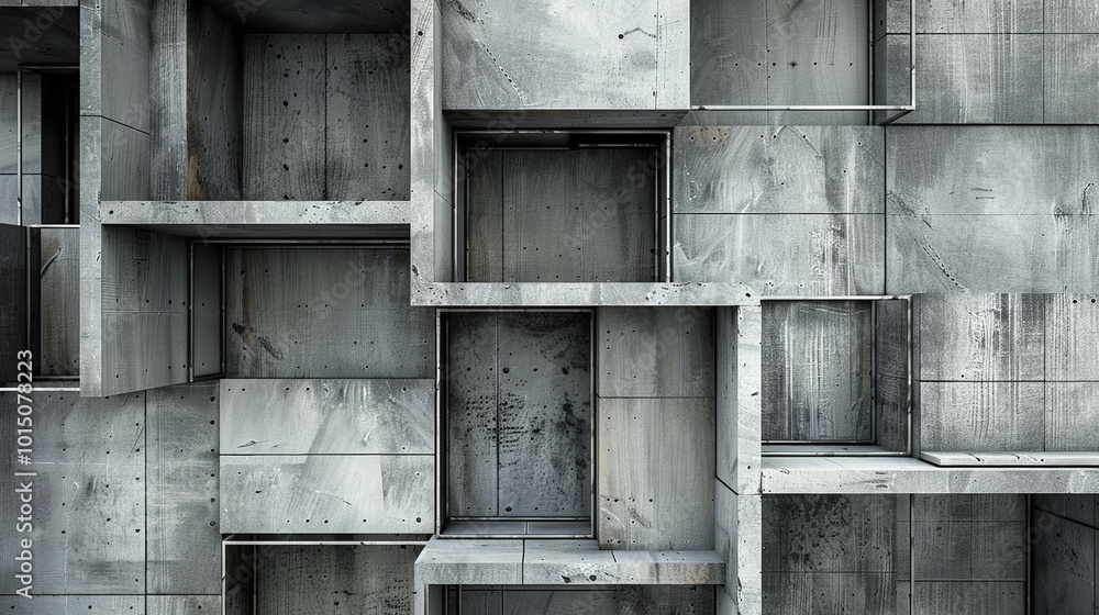 Poster abstract industrial structure with overlapping concrete blocks, showcasing a complex, geometric desi