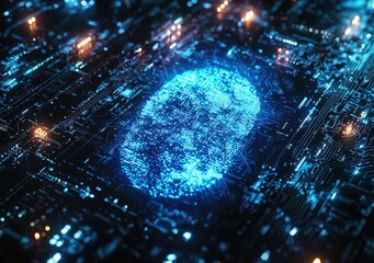 Digital representation of a glowing fingerprint in a virtual circuit board environment symbolizing cybersecurity and data protection