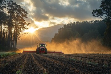 Fototapeta premium Sunrise Over a Red Tractor in Open Field