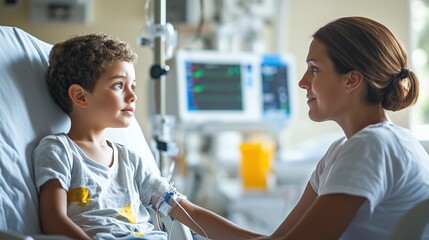 A nurse engages with a young boy in a hospital room, providing comfort and discussing his care. The boy listens attentively, showcasing a supportive healthcare interaction
