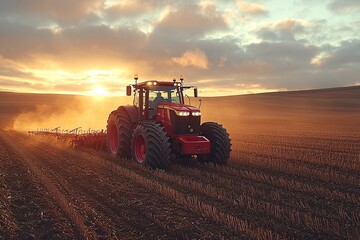 Fototapeta premium Sunrise Over Red Tractor in Agricultural Field