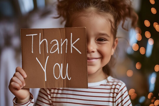 Young Hispanic girl holding a “Thank You” sign, concept of gratitude and holiday giving, Christmas