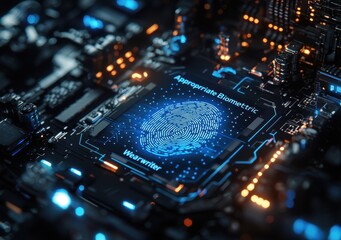 Futuristic biometric fingerprint scanner on electronic microchip circuit board with glowing lights and intricate details of technology design