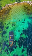 An aerial view of a boat with solar panels floating on a crystal clear turquoise lake.