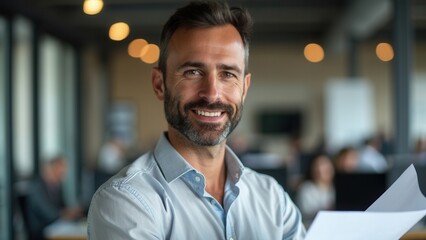 Obraz premium A confident businessman stands in a bright, modern office holding paper and smiling broadly, symbolizing success, leadership, and optimism in a professional work environment.