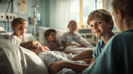 Obraz premium A heartwarming moment unfolds as a group of children connects in a hospital ward. Their smiles and playful interactions hint at a sense of camaraderie and hope