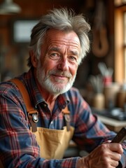 A wise elderly man in a rustic workshop environment, wearing a plaid shirt and a leather apron, exuding warmth and expertise while working on his craft in natural light settings.