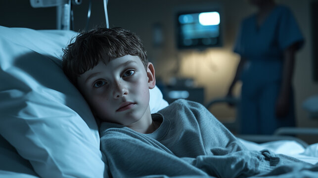 A young boy lies on a hospital bed, looking contemplative and tired as he is cared for in a pediatric ward late in the day, surrounded by medical equipment - Powered by Adobe