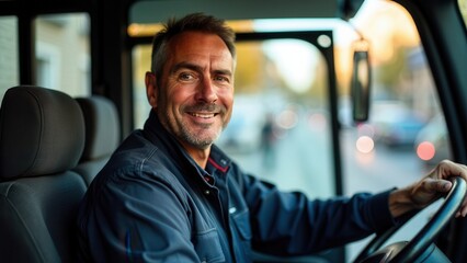 An experienced bus driver behind the wheel, smiling confidently, guiding the bus through the city, ensuring safe travel under clear blue skies.