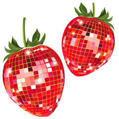 Red strawberry disco ball ornaments isolated on transparent background