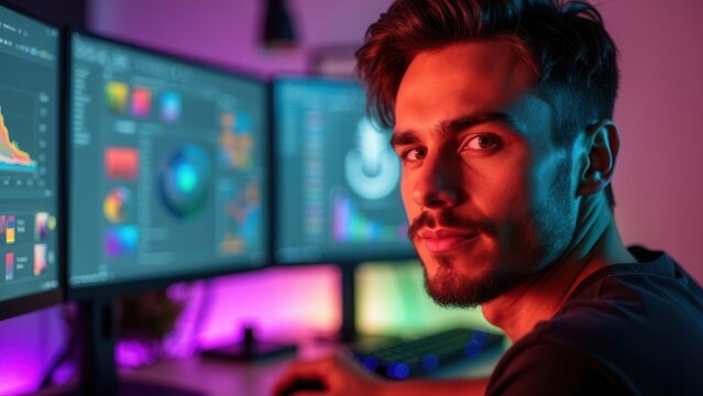Focused programmer adjusting graphics on monitors in a vibrant tech space, demonstrating advanced skills in a creative, forward-looking digital environment.