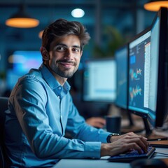 Fototapeta premium A young professional male intently working at a computer in a modern office environment, showcasing dedication and expertise surrounded by high-tech equipment.