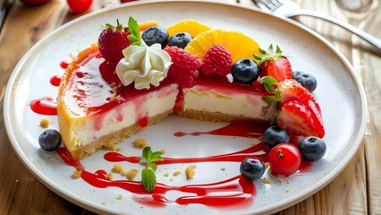Delicious Cheesecake with Fresh Fruit, Whipped Cream, and Drizzled Glaze