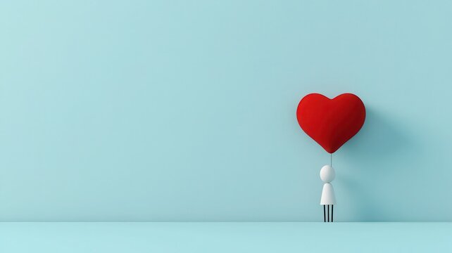 A small figure holds a red heart against a light blue background, symbolizing love and affection in a minimalist style.