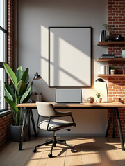 Modern Loft Style Poster Mockup in Home Office Interior - 3D Render of Stylish Workspace with Customizable Wall Art, Contemporary Design, and Cozy Atmosphere for Creative Professionals
