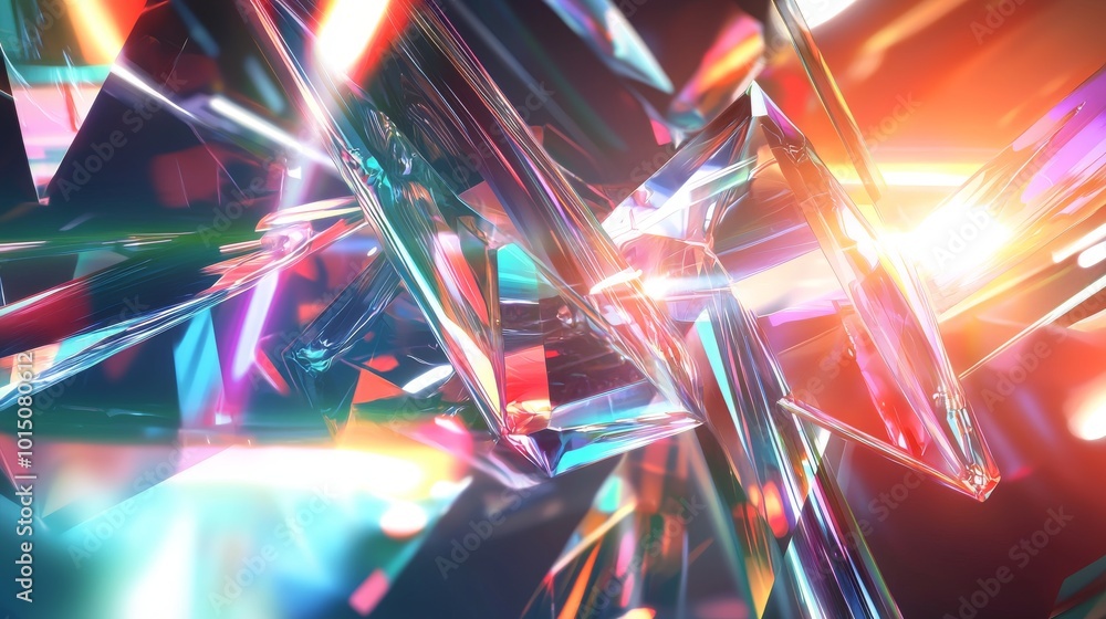 Poster Colorful abstract composition of light refracting through sharp crystal-like structures.