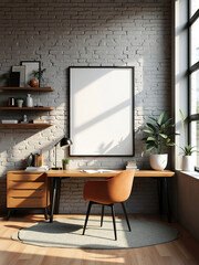 Modern Loft Style Poster Mockup in Home Office Interior - 3D Render of Stylish Workspace with Customizable Wall Art, Contemporary Design, and Cozy Atmosphere for Creative Professionals