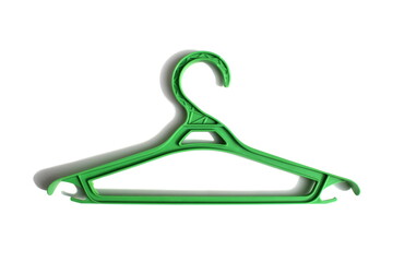 Green hanger lies on a white isolated background.