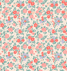 Beautiful floral pattern in small abstract flowers. Small light colorful flowers. Ivory background. Ditsy print. Floral seamless background. Elegant template for fashion prints.