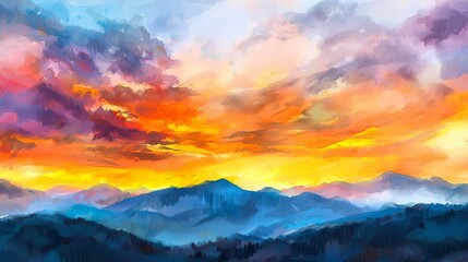 Fototapeta premium Breathtaking sunset over a mountain range, showcasing vibrant hues of orange and purple against the dramatic sky.