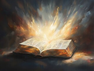 Verse with heavenly light, with rays of soft light streaming over an open Bible, capturing the warmth and peace of divine inspiration