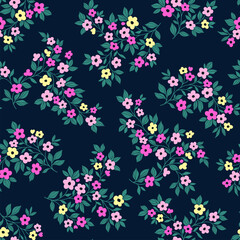 Abstract floral background. Floral pattern with small violet and  fuchsia flowers on a dark navy blue background. Seamless pattern for design and fashion prints. Liberty style. Stock vector pattern.