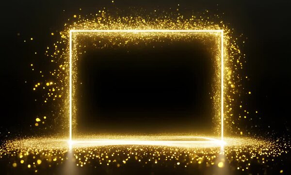 Christmas Golden rectangle square frame Portal with glowing golden sparkles and glitter particles on black background with golden bokeh, VFX