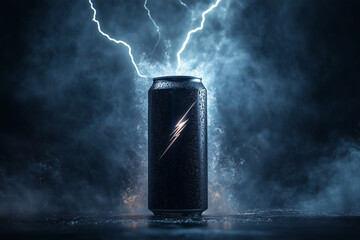 Energy drink can in the lights of lighting background on dark background.