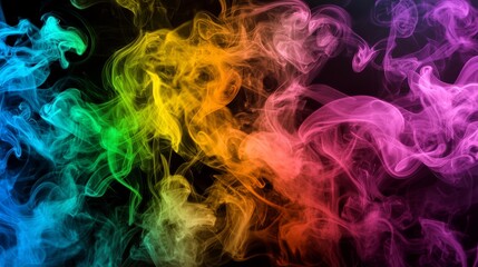 Fototapeta premium Vibrant colorful smoke swirls blend seamlessly against a dark background, creating an ethereal and dynamic atmosphere.