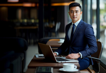 Asian businessman, dressed in a sleek, tailored suit, exudes professionalism and confidence. generative ai picture