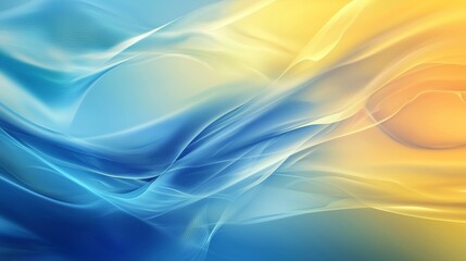 A vibrant abstract composition featuring flowing waves of blue and yellow hues.