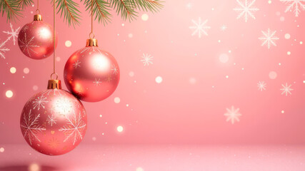 Pink Christmas tree balls hanging on a branch. Pink festive background, with space for text. Postcard, illustration