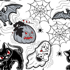 Halloween seamless vector pattern with pumpkin, ghost, bat. Decor for party celebration, fabric print. textile design, backdrop, background, wrapping paper, scrapbooking. Hand drawn cartoon character.