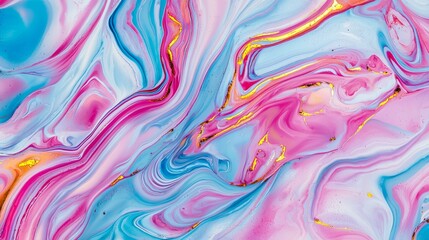 Obraz premium Vibrant abstract acrylic painting with swirling patterns in pink, blue, and gold tones, creating a mesmerizing effect.
