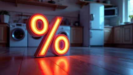 Illuminated percentage symbol in a stylish kitchen environment, indicating sales or discounts on household appliances amidst a contemporary and warm backdrop.