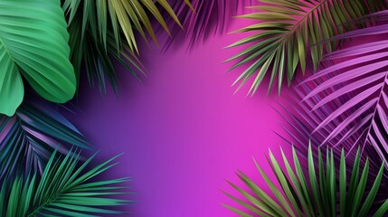 A vibrant tropical background with lush green and purple palm leaves framing a pink center.