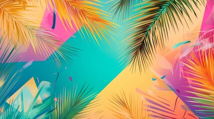 Obraz premium Colorful abstract background with tropical palm leaves, vibrant hues of pink, orange, and teal creating a lively mood.