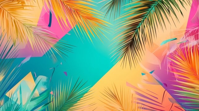 Colorful abstract background with tropical palm leaves, vibrant hues of pink, orange, and teal creating a lively mood.