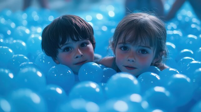 Sami children playing in a blue-tinted ball pit, the playful background complementing the characters' joyful, carefree expressions