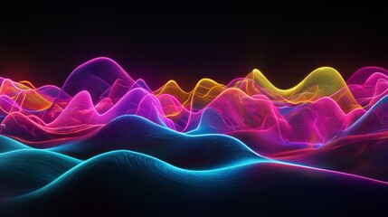 Fototapeta premium A vibrant abstract wave pattern in blue, pink, and yellow against a dark background, creating a futuristic atmosphere.