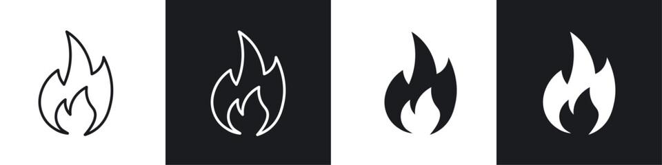 Flame icon vector icon set black filled and outlined style.